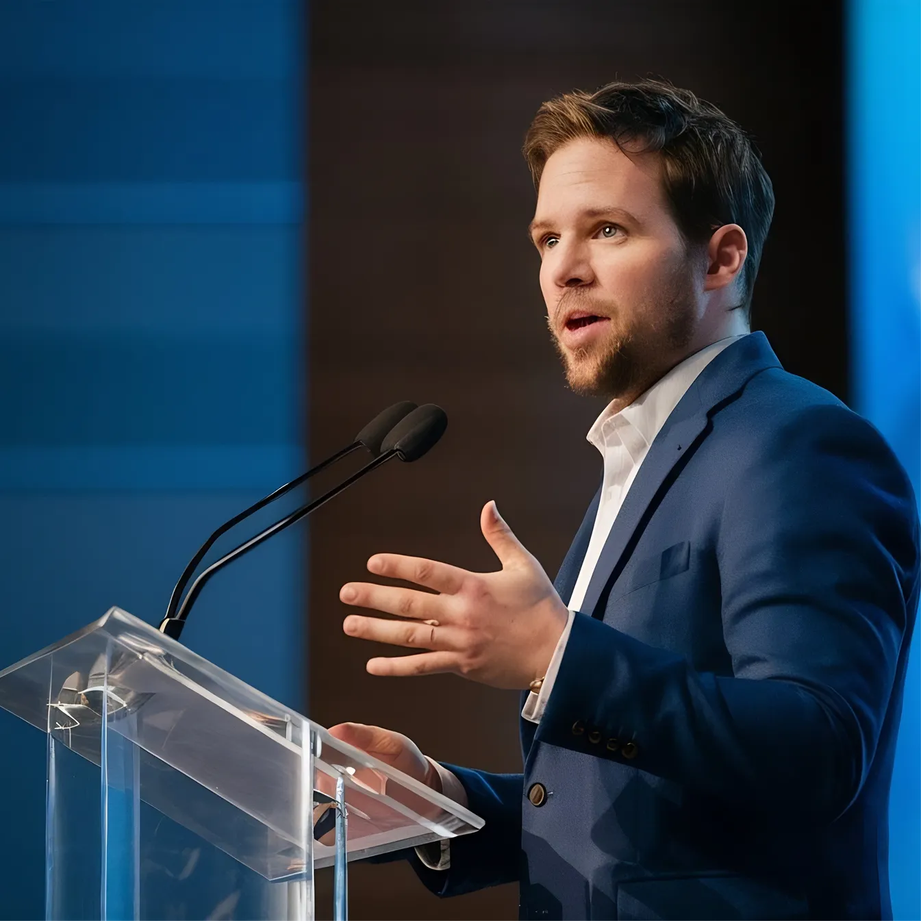 Speaker presenting at a conference podium